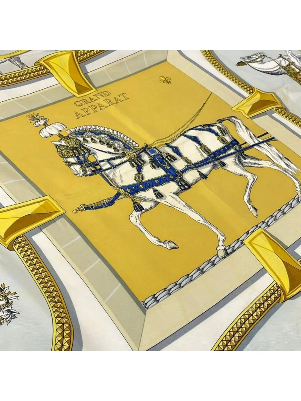 Hermes Scarf Carre 90 Yellow Ivory Grand Apparat Dressed Horse Silk